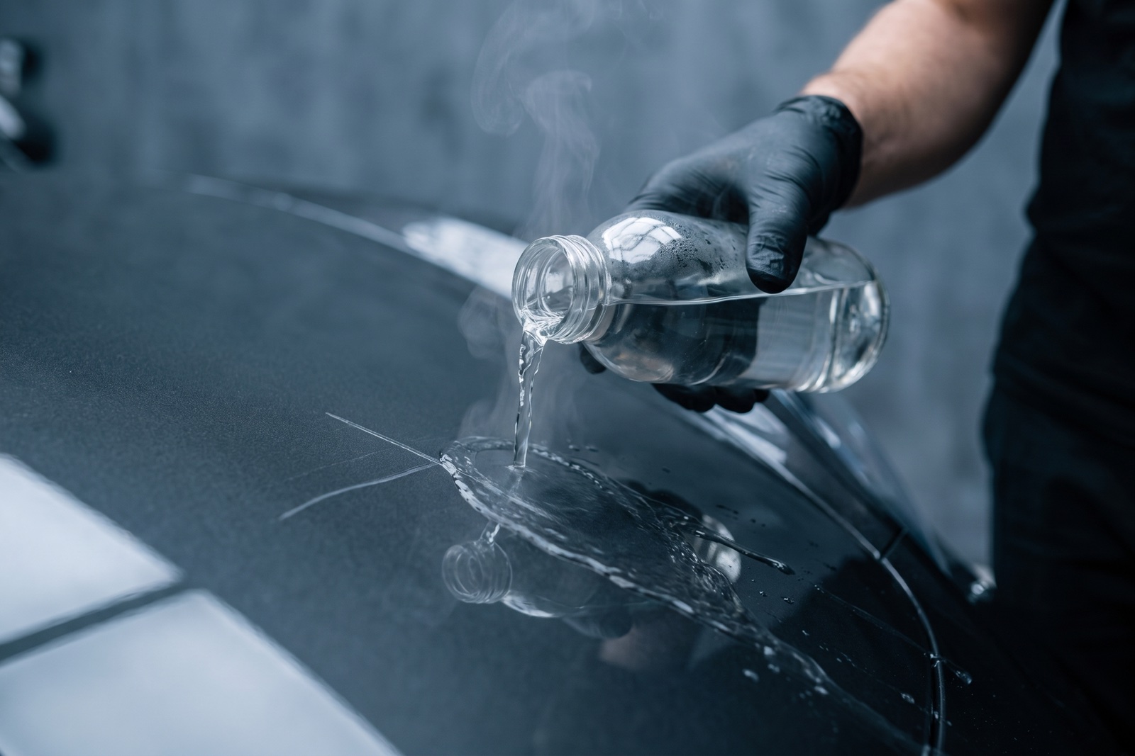 Self-healing PPF demonstration — warm water applied to film