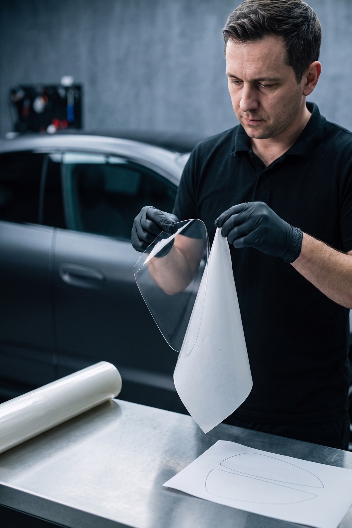 T-Shield technician lifting a plotter-cut PPF panel from its backing liner — the film arrives pre-cut, no blades are used on the vehicle