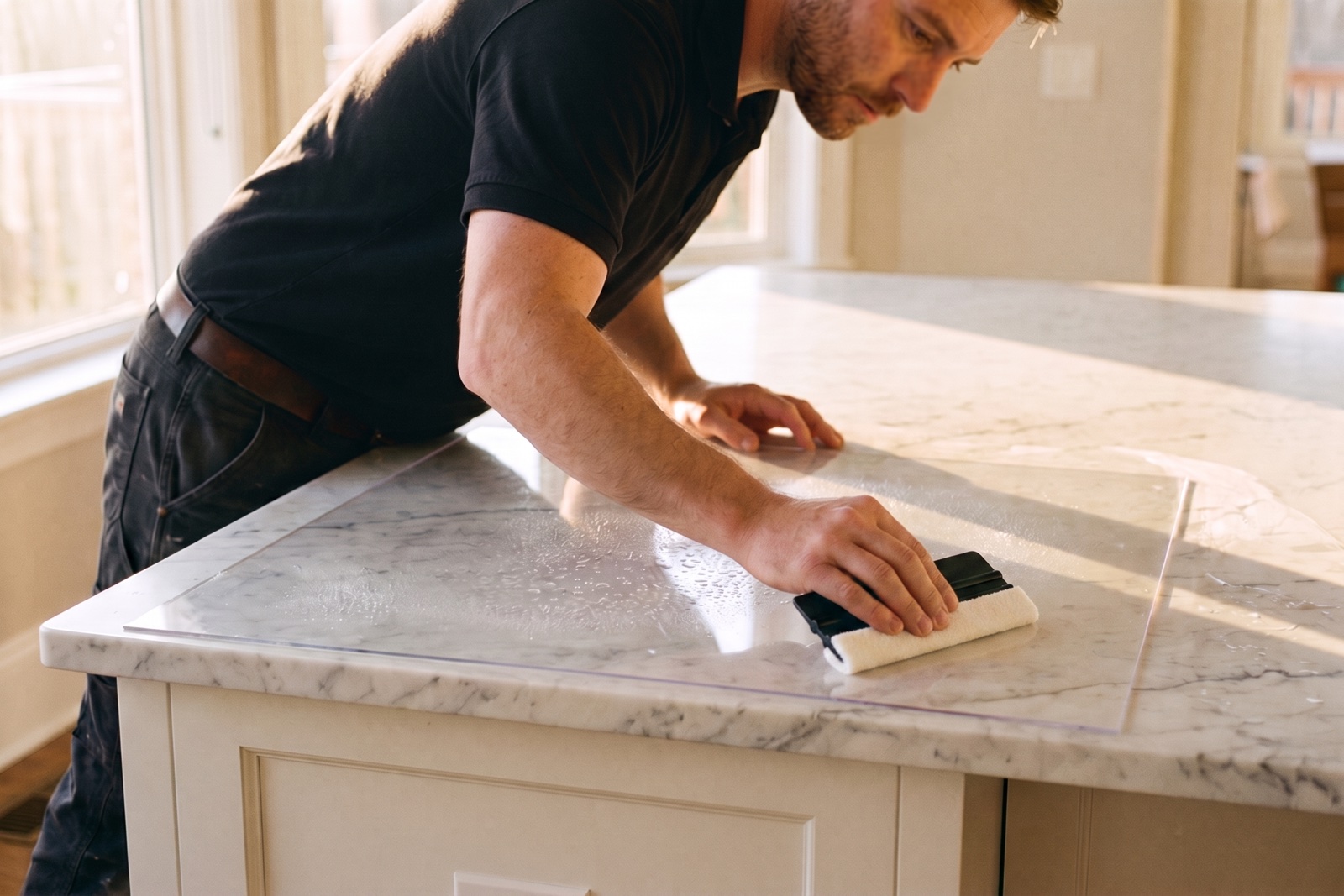 Film being applied to marble surface in luxury restaurant